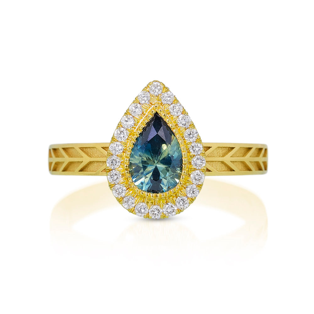 Pear Montana Sapphire ring with halo